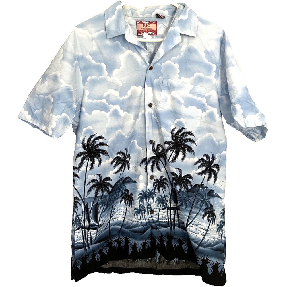 RJC Hawaiian Shirt Mens Large Blue Aloha Palm Tree Scenic Made in Hawaii USA